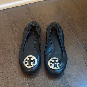 Tory Burch Black Leather Flats with Silver Emblem